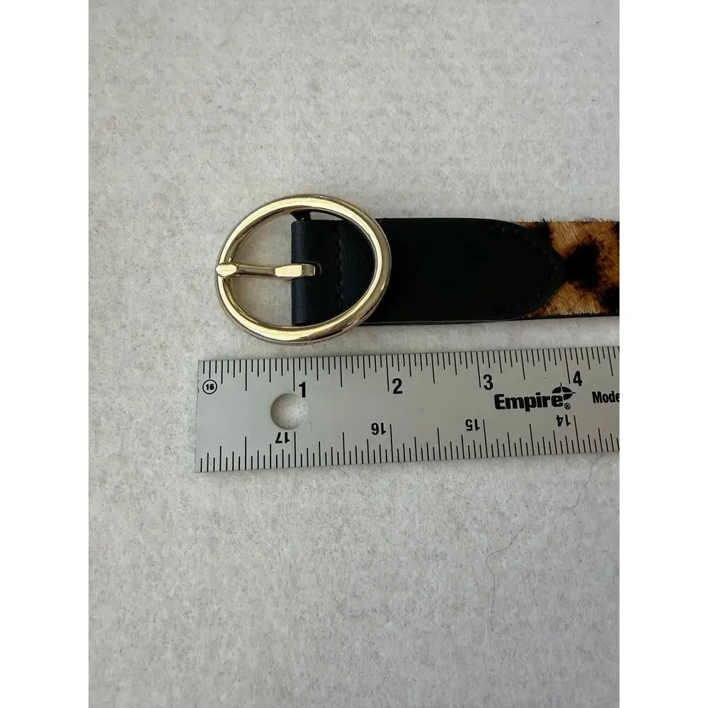 Talbots Leopard Print Calf Hair Belt Size L Gold Round Buckle Genuine Leather